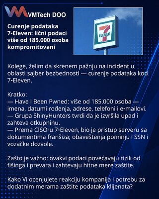 Curenje podataka 7‑Eleven: lični podaci više od 185.000 osoba kompromitovani