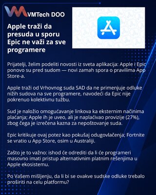 Apple traži da presuda u sporu Epic ne važi za sve programere