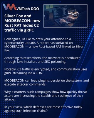 Silver Fox i MODBEACON: novi RAT na Rustu skriva C2 saobraćaj preko gRPC