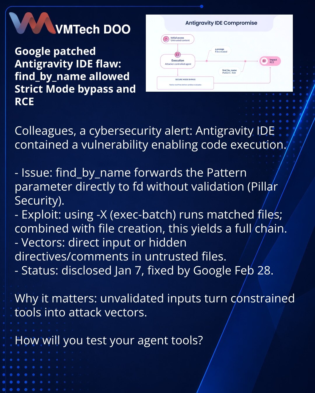 Google je ispravio ranjivost u Antigravity IDE: find_by_name je omogućavao zaobilaženje Strict Mode i RCE

Kolege, želim da skrenem pažnju iz oblasti kibernetske bezbednosti: u IDE Antigravity otkrivena je ranjivost koja omogućava izvršavanje koda.

- Suština: find_by_name prosleđuje parametar Pattern direktno u fd bez validacije (Pillar Security).
- Eksploatacija: unošenje zastavice -X (exec-batch) pokreće pronađene fajlove; u kombinaciji sa kreiranjem fajlova — potpuni lanac.
- Vektori: direkt