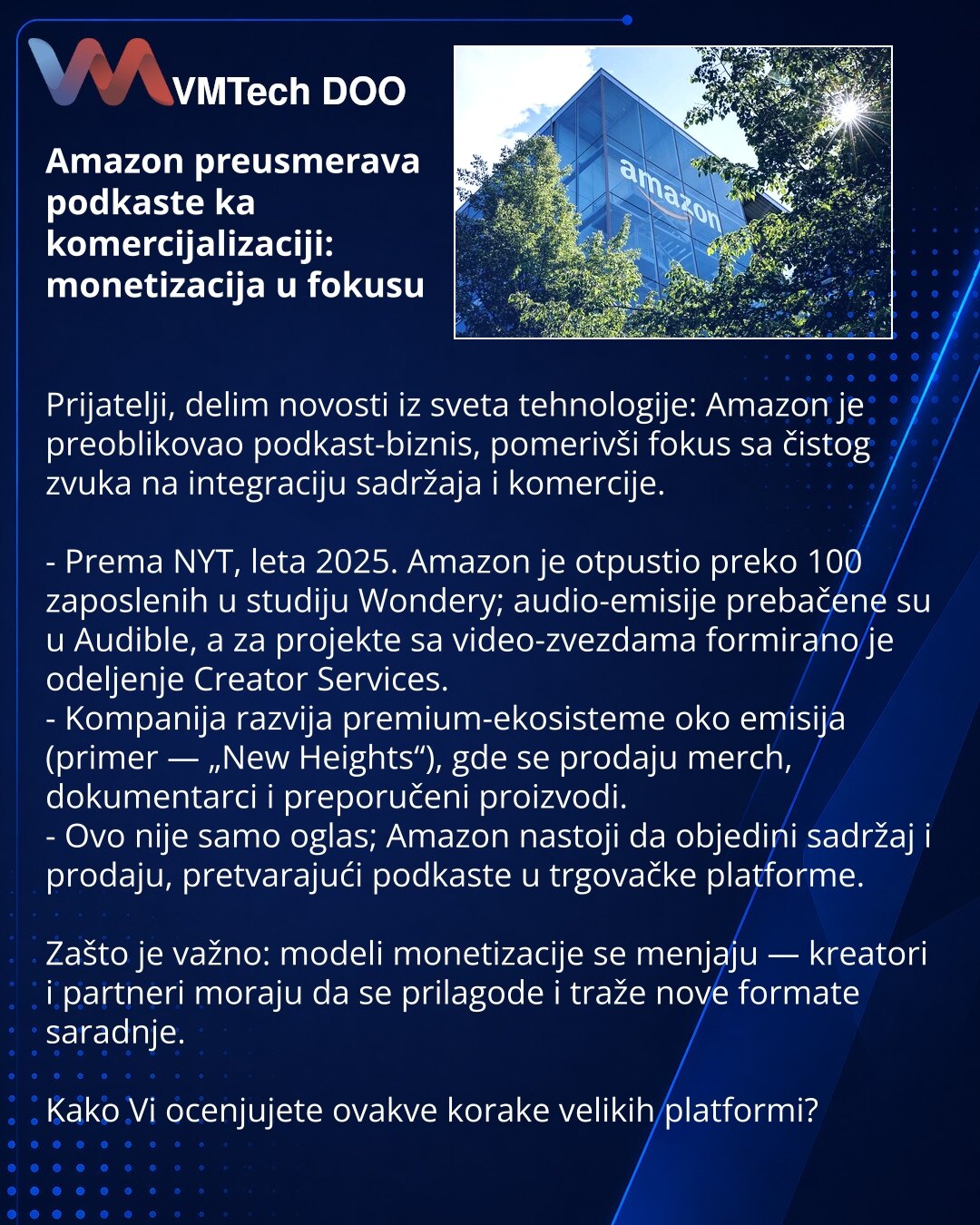 Amazon preusmerava podkaste ka komercijalizaciji: monetizacija u fokusu

Prijatelji, delim novosti iz sveta tehnologije: Amazon je preoblikovao podkast-biznis, pomerivši fokus sa čistog zvuka na integraciju sadržaja i komercije.

- Prema NYT, leta 2025. Amazon je otpustio preko 100 zaposlenih u studiju Wondery; audio-emisije prebačene su u Audible, a za projekte sa video-zvezdama formirano je odeljenje Creator Services.
- Kompanija razvija premium-ekosisteme oko emisija (primer — „New Heights“),