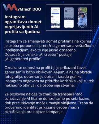 Instagram smanjuje domet neoznačenim profilima sa AI osobama