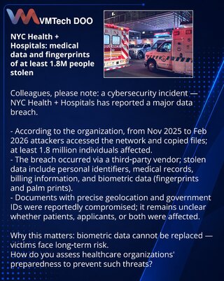 NYC Health and Hospitals: похищены медданные и отпечатки минимум 1,8 млн человек