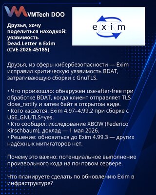 Dragi kolege, želim podeliti nalaz: ranjivost Dead.Letter u Eximu (CVE-2026-45185)