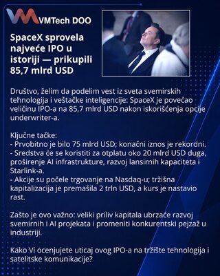 SpaceX sprovela najveće IPO u istoriji — prikupili 85,7 mlrd USD