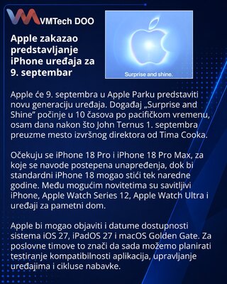 Apple zakazao septembarski događaj za iPhone i Apple Watch