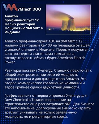 Amazon профинансирует 12 малых реакторов на месте ТЭС в Индиане