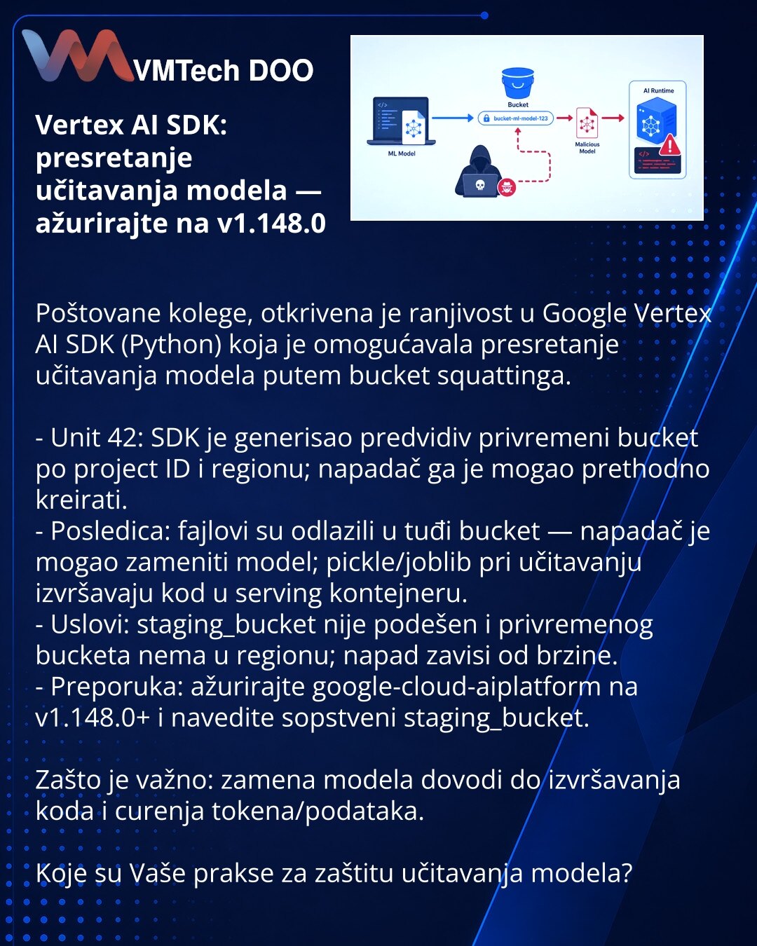 Vertex AI SDK: presretanje učitavanja modela — ažurirajte na v1.148.0

Poštovane kolege, otkrivena je ranjivost u Google Vertex AI SDK (Python) koja je omogućavala presretanje učitavanja modela putem bucket squattinga.

- Unit 42: SDK je generisao predvidiv privremeni bucket po project ID i regionu; napadač ga je mogao prethodno kreirati.
- Posledica: fajlovi su odlazili u tuđi bucket — napadač je mogao zameniti model; pickle/joblib pri učitavanju izvršavaju kod u serving kontejneru.
- Uslovi: s