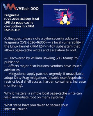 Fragnesia (CVE-2026-46300): локальное LPE через коррумпирование page cache в XFRM ESP-in-TCP