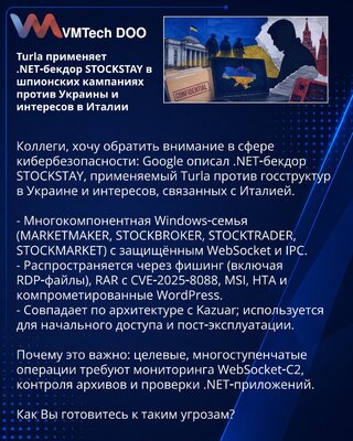 Turla koristi .NET-bekdor STOCKSTAY u špijunskim kampanjama protiv Ukrajine i interesa povezanih s Italijom