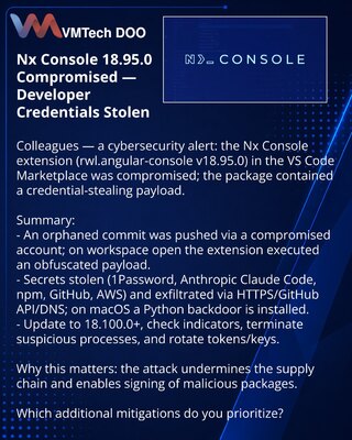 Nx Console 18.95.0 скомпрометирован — кража учётных данных разработчиков