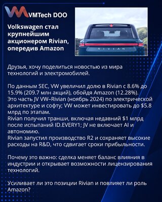 Volkswagen стал крупнейшим акционером Rivian, опередив Amazon