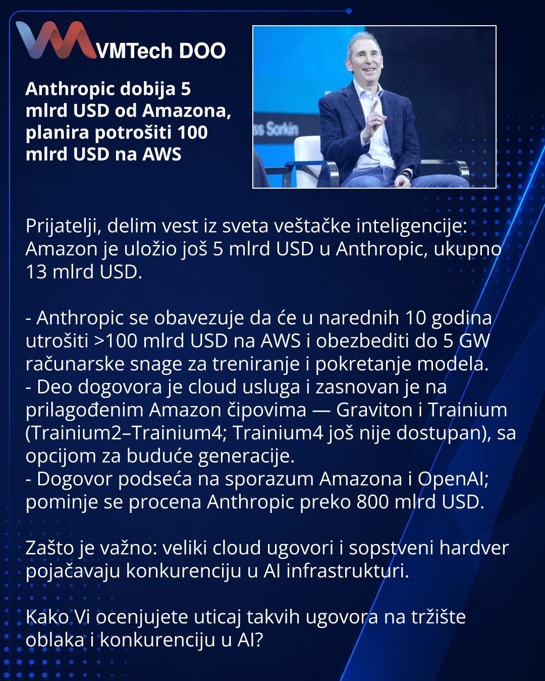 Anthropic dobija 5 mlrd USD od Amazona, planira potrošiti 100 mlrd USD na AWS

Prijatelji, delim vest iz sveta veštačke inteligencije: Amazon je uložio još 5 mlrd USD u Anthropic, ukupno 13 mlrd USD.

- Anthropic se obavezuje da će u narednih 10 godina utrošiti >100 mlrd USD na AWS i obezbediti do 5 GW računarske snage za treniranje i pokretanje modela.
- Deo dogovora je cloud usluga i zasnovan je na prilagođenim Amazon čipovima — Graviton i Trainium (Trainium2–Trainium4; Trainium4 još nije dost