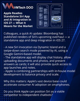 Apple priprema zasebnu aplikaciju Siri i AI integraciju u iOS 27 — šta to znači za tržište