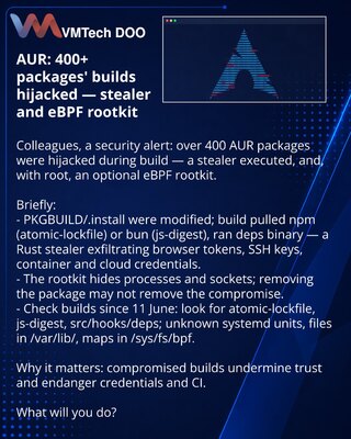 AUR: preko 400 paketa kompromitovano — stealer i eBPF‑rootkit