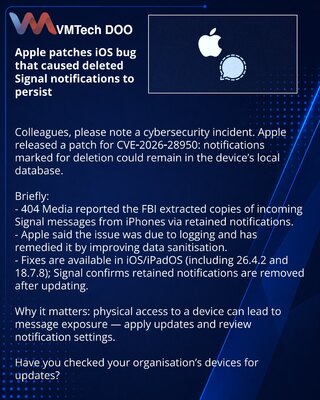 Apple otklonila grešku u iOS‑u zbog koje obrisana Signal obaveštenja mogu ostati sačuvana