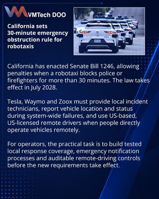 Kalifornija propisuje odgovornost robotaksi operatera u hitnim situacijama