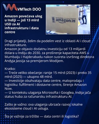 Amazon povećava ulog u Indiji — još 13 mlrd USD za AI infrastrukturu i data centre