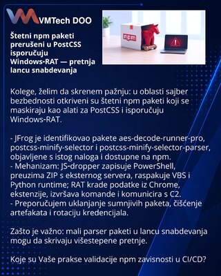 Štetni npm paketi prerušeni u PostCSS isporučuju Windows‑RAT — pretnja lancu snabdevanja