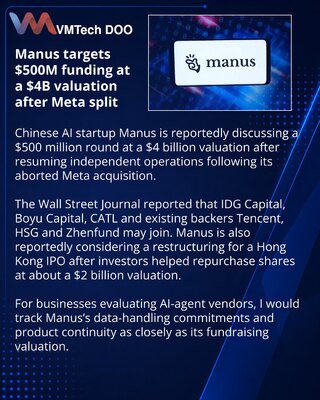 Manus discusses $500M round at $4B valuation after Meta separation