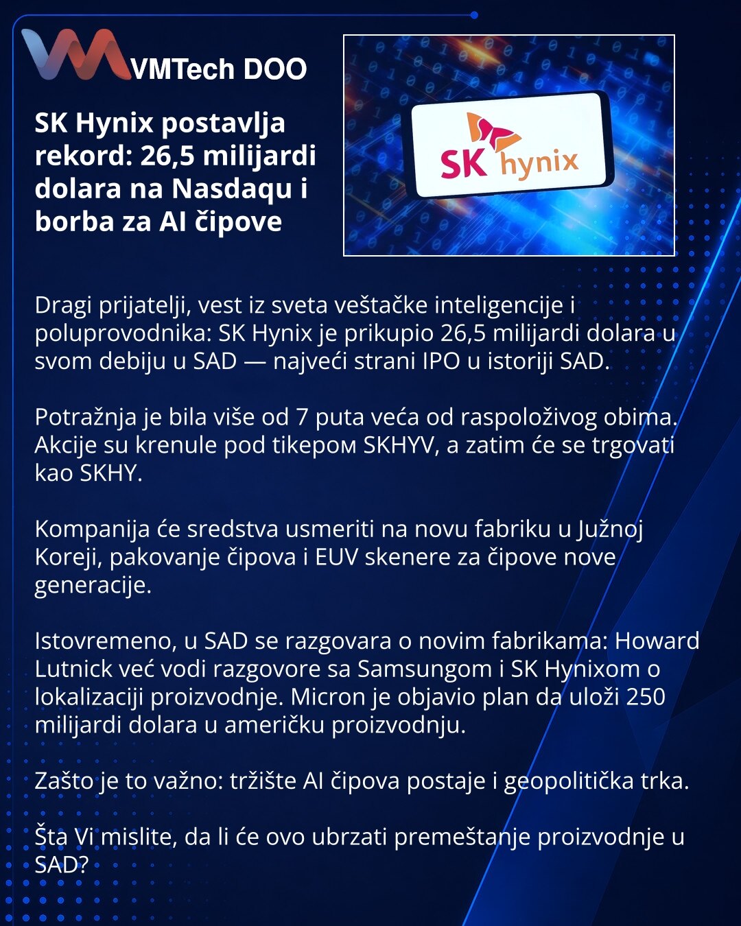 SK Hynix postavlja rekord: 26,5 milijardi dolara na Nasdaqu i borba za AI čipove

Dragi prijatelji, vest iz sveta veštačke inteligencije i poluprovodnika: SK Hynix je prikupio 26,5 milijardi dolara u svom debiju u SAD — najveći strani IPO u istoriji SAD.

Potražnja je bila više od 7 puta veća od raspoloživog obima. Akcije su krenule pod tikером SKHYV, a zatim će se trgovati kao SKHY.

Kompanija će sredstva usmeriti na novu fabriku u Južnoj Koreji, pakovanje čipova i EUV skenere za čipove nove ge