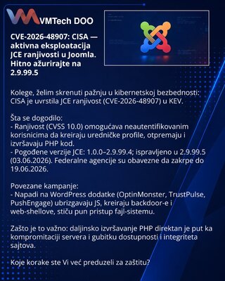 CVE-2026-48907: CISA — active exploitation of JCE in Joomla. Update to 2.9.99.5 immediately