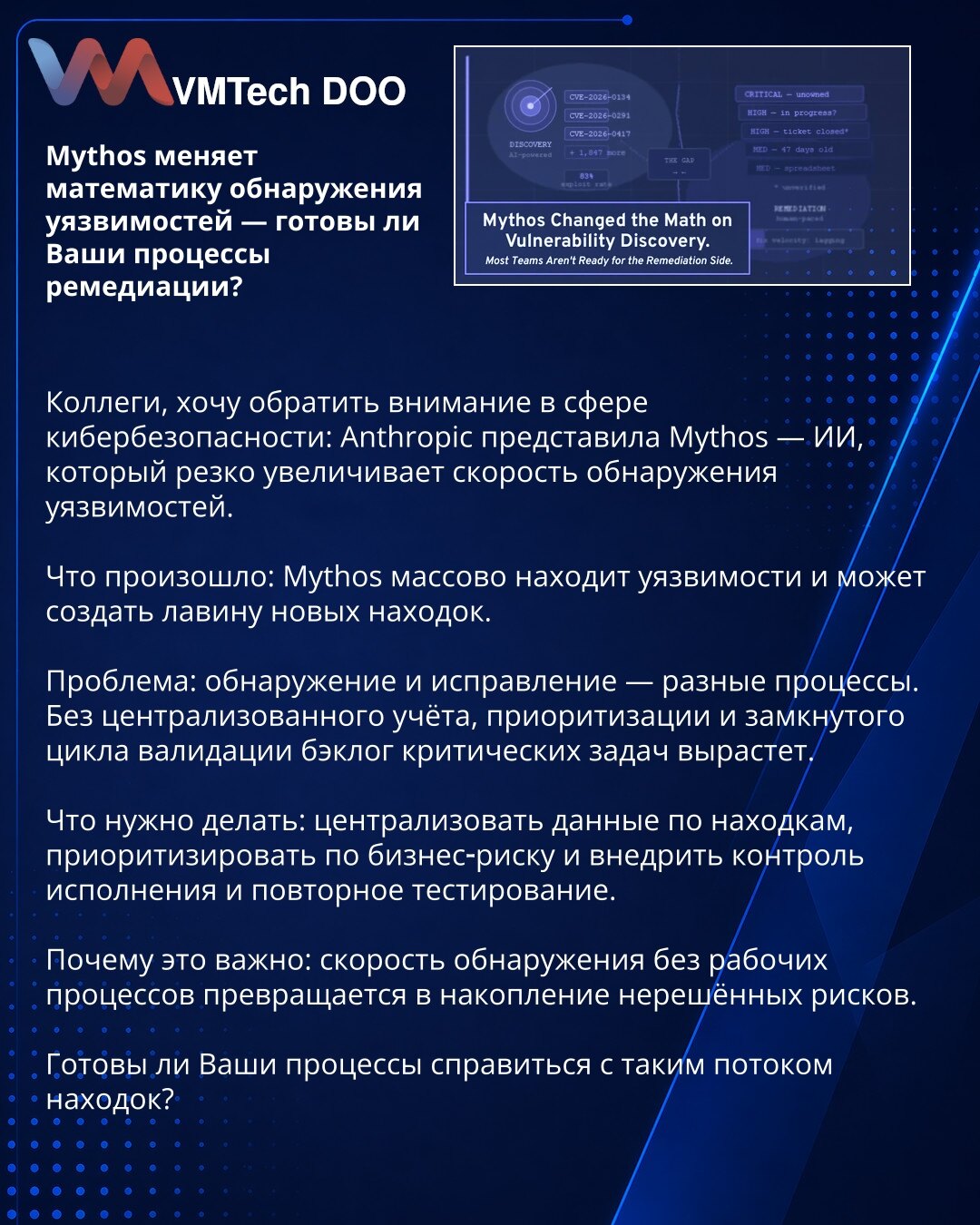 Mythos menja otkrivanje ranjivosti — da li su Vaši procesi remedijacije spremni?

Kolege, skrećem pažnju u sajber bezbednosti: Anthropic je predstavio Mythos — veštačku inteligenciju koja drastično ubrzava otkrivanje ranjivosti.

Dogodilo se: Mythos masovno otkriva ranjivosti i može proizvesti lavinu novih nalaza.

Problem: otkrivanje i otklanjanje su različiti. Bez centralizovanog evidentiranja, prioritizacije i zatvorenog ciklusa validacije backlog kritičnih zadataka će rasti.

Preporuka: cent