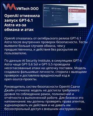 OpenAI отменила релиз GPT-6.1 Astra после тестов на безопасность