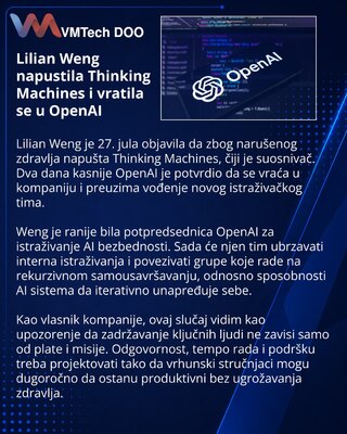 OpenAI vraća Lilian Weng da vodi tim za interna AI istraživanja