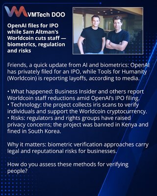 OpenAI podnosi IPO, a kompanija Sema Oltmana Worldcoin smanjuje broj zaposlenih — biometria, regulativa i rizici