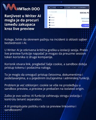 Ranjivost u Writer AI mogla je da procuri između zakupaca kroz live preview