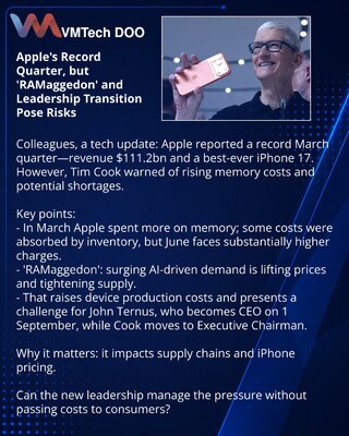 Рекордный квартал Apple, но «RAMaggedon» и смена руководства создают риски