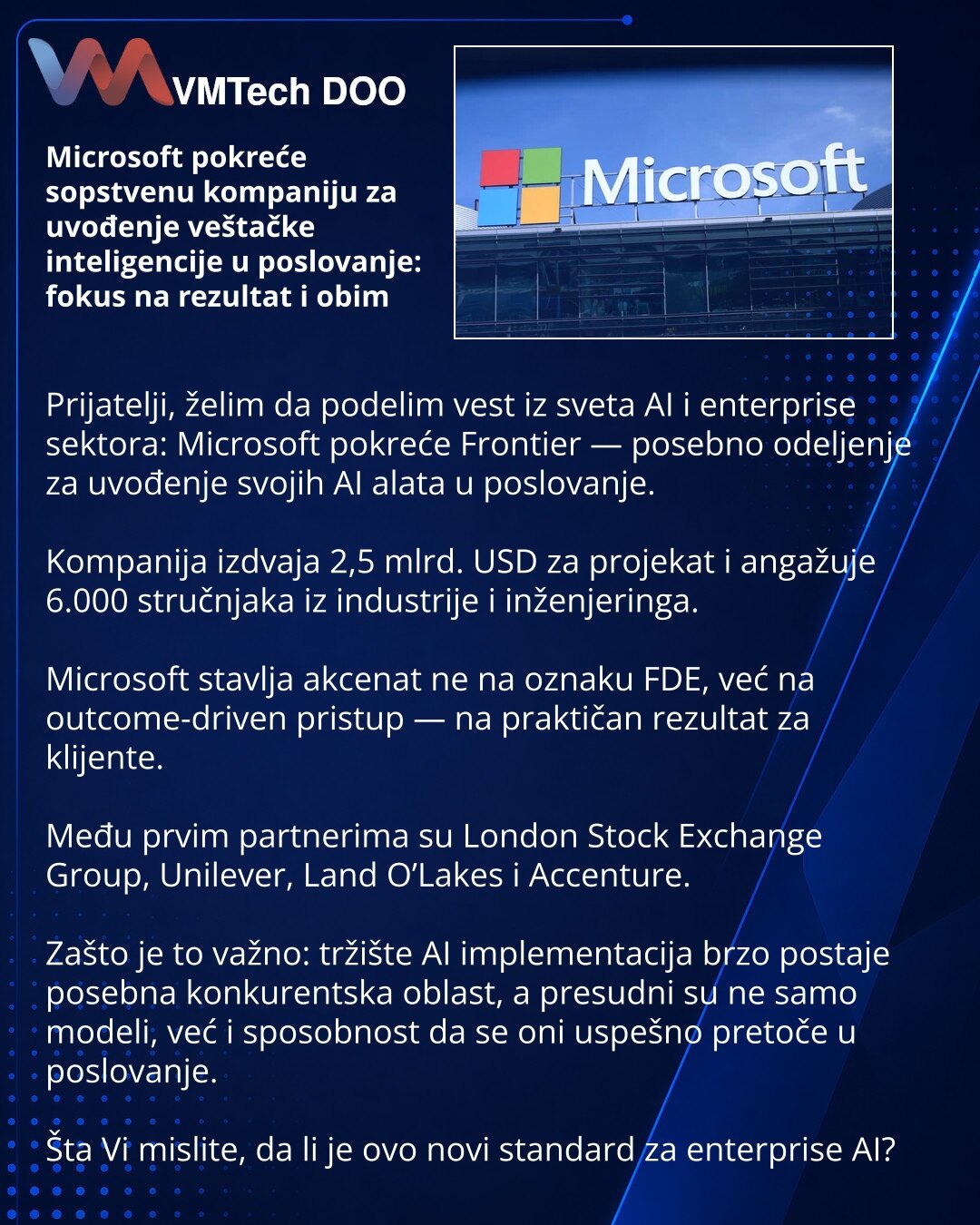 Microsoft pokreće sopstvenu kompaniju za uvođenje veštačke inteligencije u poslovanje: fokus na rezultat i obim

Prijatelji, želim da podelim vest iz sveta AI i enterprise sektora: Microsoft pokreće Frontier — posebno odeljenje za uvođenje svojih AI alata u poslovanje.

Kompanija izdvaja 2,5 mlrd. USD za projekat i angažuje 6.000 stručnjaka iz industrije i inženjeringa.

Microsoft stavlja akcenat ne na oznaku FDE, već na outcome-driven pristup — na praktičan rezultat za klijente.

Među prvim par
