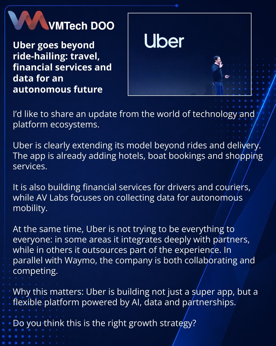 Uber izlazi iz okvira taksija: putovanja, finansijske usluge i podaci za autonomnu budućnost

Prijatelji, želim da podelim vest iz sveta tehnologije i platformskih ekosistema.

Primećujem kako Uber širi svoj model izvan vožnje i dostave. U aplikaciji već postoje hoteli, rezervacije čamaca i shopping usluge.

Posebno je zanimljivo što kompanija razvija finansijske usluge za vozače i kurire, kao i AV Labs — segment koji prikuplja podatke za autonomni transport.

Pri tome Uber ne pokušava da bude „