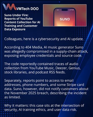 Suno Under Fire: Reports of YouTube Content Collection for AI Training and Customer Data Exposure