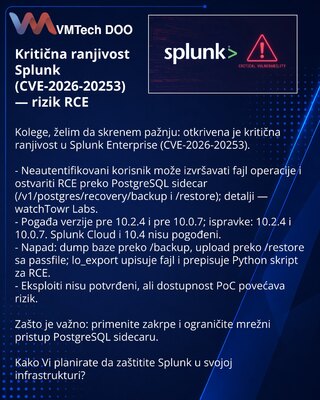 Kritična ranjivost Splunk (CVE-2026-20253) — rizik RCE
