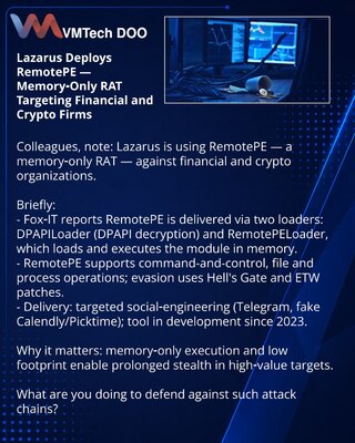 Lazarus koristi RemotePE — memorijski RAT protiv finansijskih i kripto organizacija