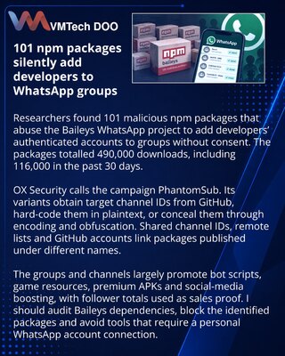 101 npm paketa bez pristanka dodaje naloge u WhatsApp grupe