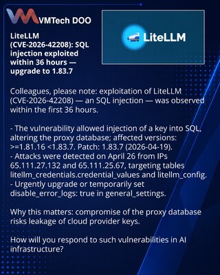 LiteLLM (CVE-2026-42208): SQL-injekcija u prvih 36 sati — ažurirajte na 1.83.7