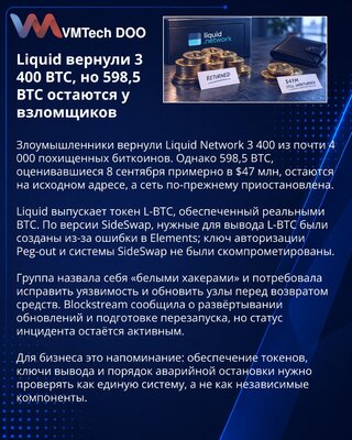 Liquid hakeri vratili 3.400 BTC, dok mreža ostaje pauzirana