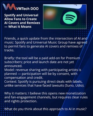 Spotify i Universal dozvoljavaju fanovima da prave AI-kovere i remikse — šta to znači
