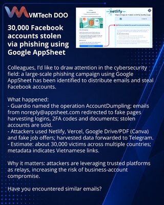 30 000 аккаунтов Facebook похищены через фишинг с использованием Google AppSheet