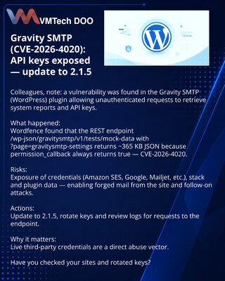 Gravity SMTP (CVE-2026-4020): otkriveni API‑ključevi — ažurirajte na 2.1.5