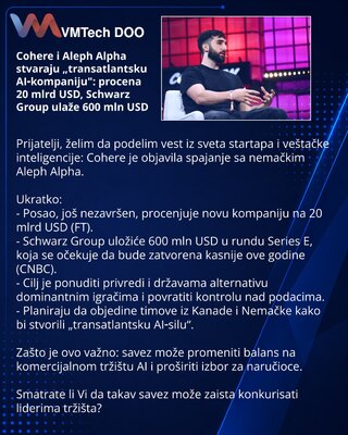 Cohere i Aleph Alpha stvaraju „transatlantsku AI‑kompaniju": procena 20 mlrd USD, Schwarz Group ulaže 600 mln USD
