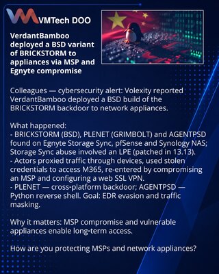 VerdantBamboo внедрил BSD‑версию BRICKSTORM в appliances через компромисс MSP и Egnyte