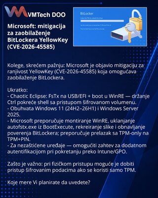 Microsoft: mitigacija za zaobilaženje BitLockera YellowKey (CVE-2026-45585)