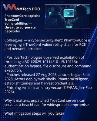 PhantomCore eksploatiše ranjivosti TrueConf — pretnja za korporativne mreže