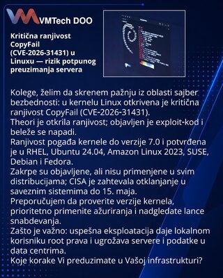 Kritična ranjivost CopyFail (CVE-2026-31431) u Linuxu — rizik potpunog preuzimanja servera