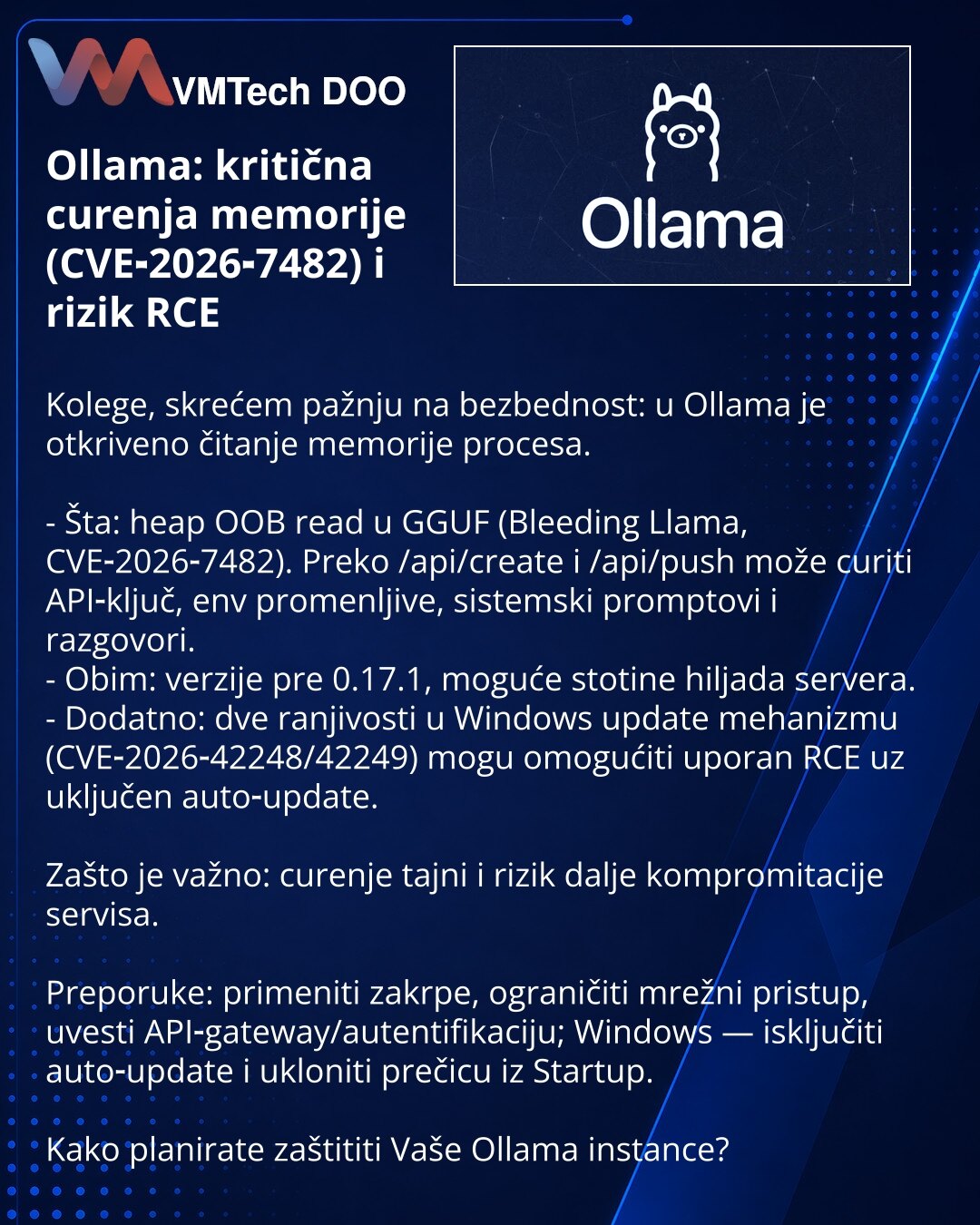 Ollama: kritična curenja memorije (CVE‑2026‑7482) i rizik RCE

Kolege, skrećem pažnju na bezbednost: u Ollama je otkriveno čitanje memorije procesa.

- Šta: heap OOB read u GGUF (Bleeding Llama, CVE‑2026‑7482). Preko /api/create i /api/push može curiti API‑ključ, env promenljive, sistemski promptovi i razgovori.
- Obim: verzije pre 0.17.1, moguće stotine hiljada servera.
- Dodatno: dve ranjivosti u Windows update mehanizmu (CVE‑2026‑42248/42249) mogu omogućiti uporan RCE uz uključen auto‑update.