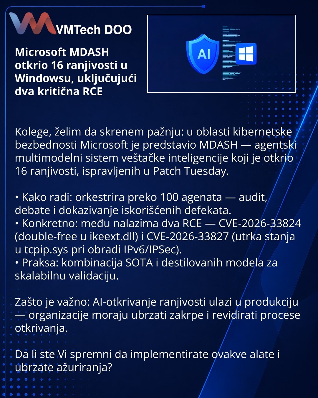 Microsoft MDASH otkrio 16 ranjivosti u Windowsu, uključujući dva kritična RCE

Kolege, želim da skrenem pažnju: u oblasti kibernetske bezbednosti Microsoft je predstavio MDASH — agentski multimodelni sistem veštačke inteligencije koji je otkrio 16 ranjivosti, ispravljenih u Patch Tuesday.

• Kako radi: orkestrira preko 100 agenata — audit, debate i dokazivanje iskorišćenih defekata.
• Konkretno: među nalazima dva RCE — CVE-2026-33824 (double-free u ikeext.dll) i CVE-2026-33827 (utrka stanja u tc